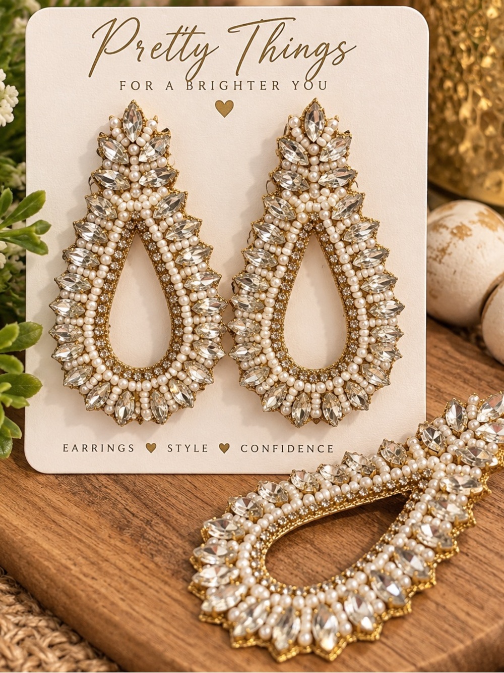 Pearl and Crystal Teardrop Statement Earrings - Gold Tone
